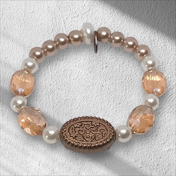 Handmade Bracelet Elegant Champagne & White Glass Pearls Stretchy Statement - Picture 1 of 4